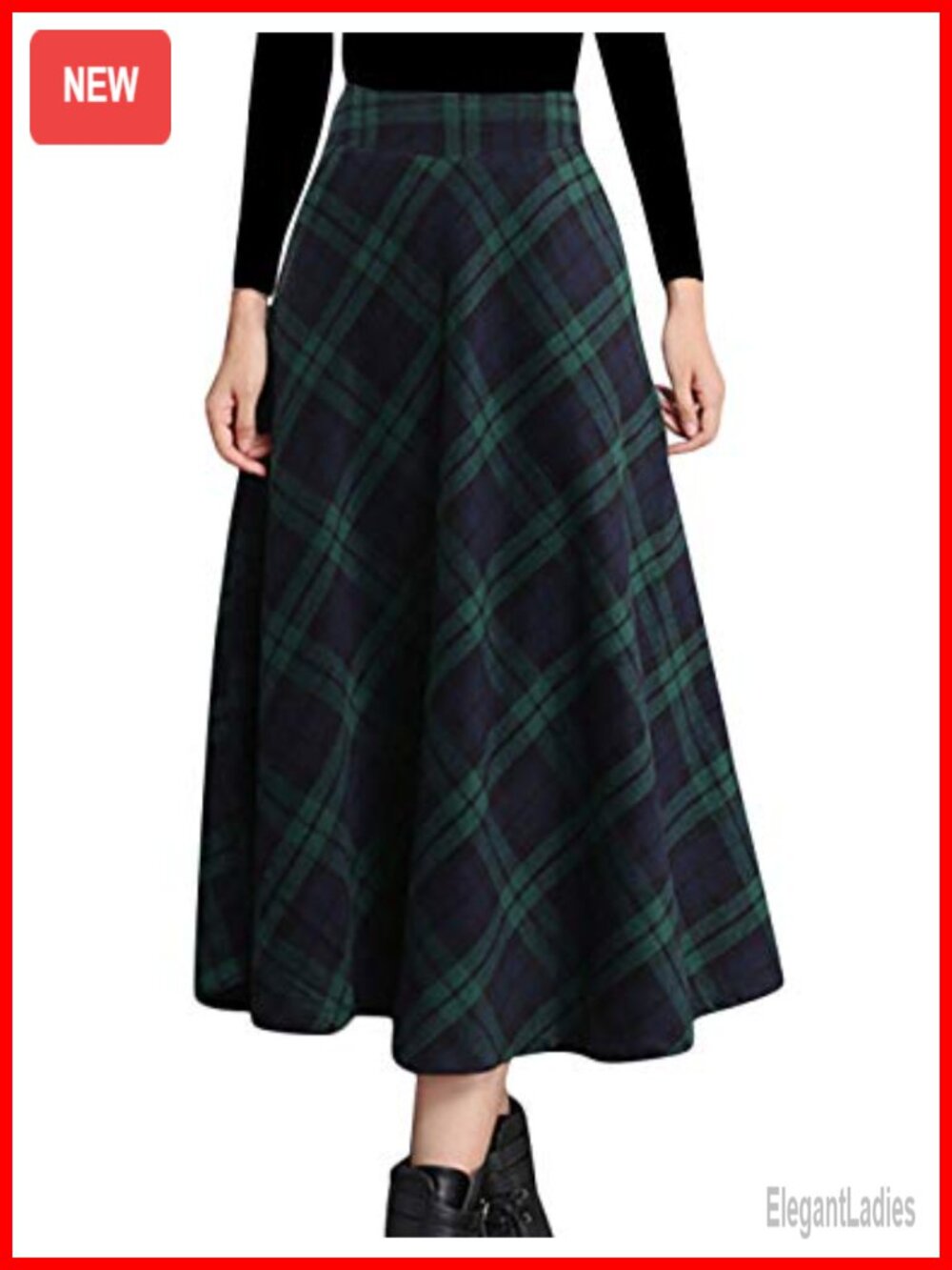 Wool Blend Plaid A-Line Pleated Midi Skirt High Waist Pockets